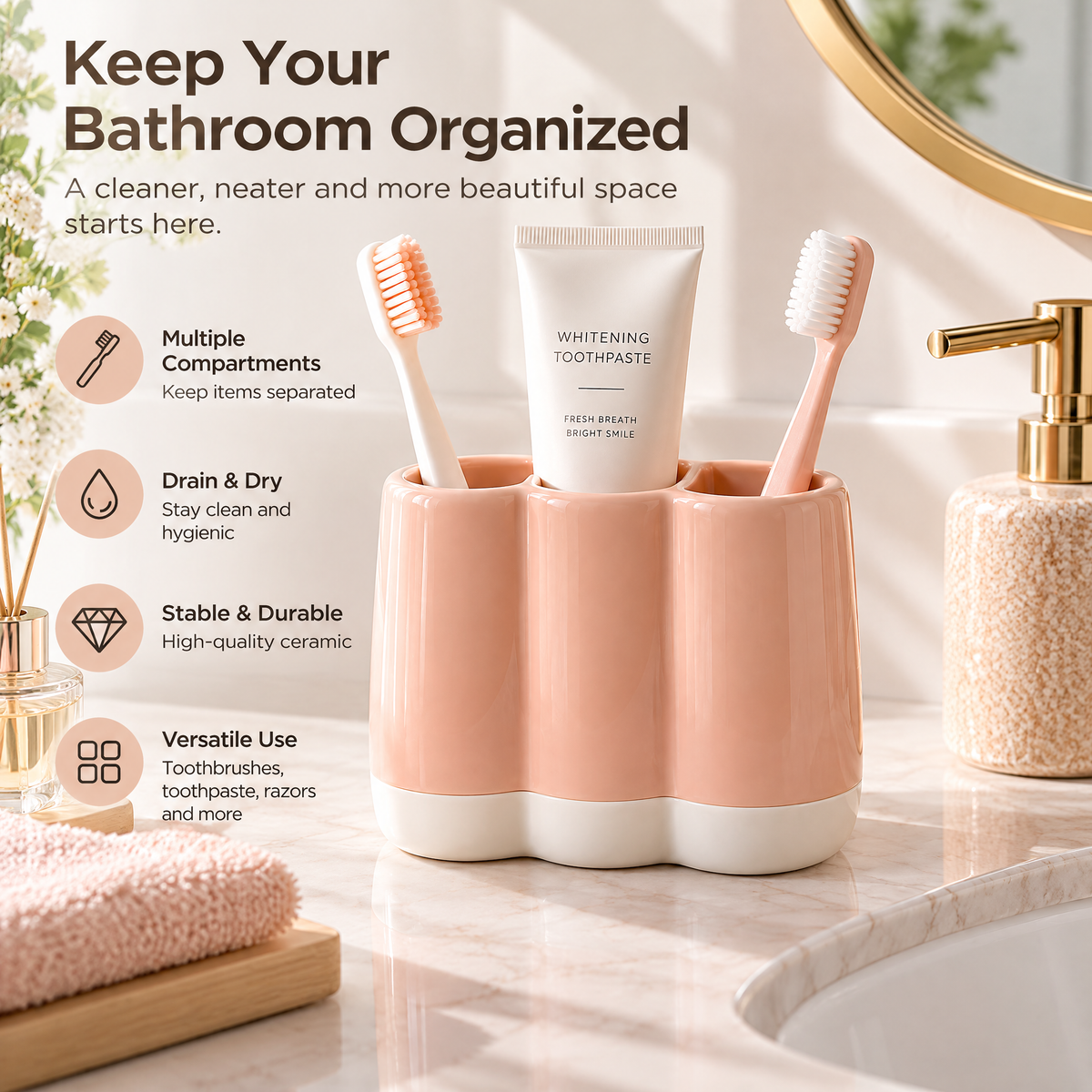 xeqvynur Peach & Ivory Toothbrush Organizer — in-use view