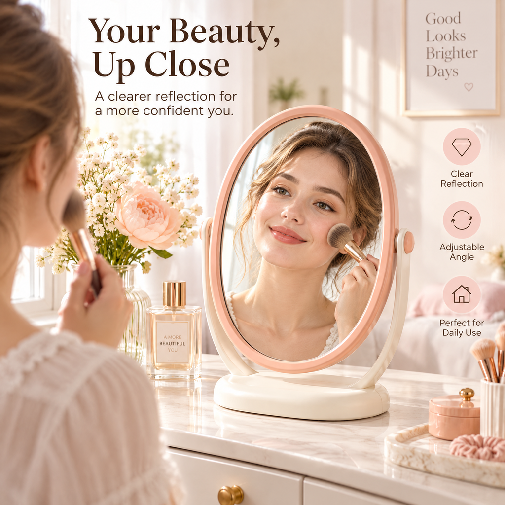 xeqvynur Peach Oval Tabletop Mirror — in-use view