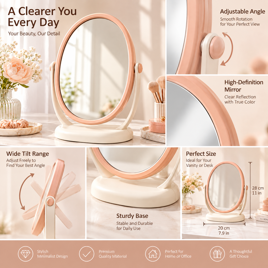 xeqvynur Peach Oval Tabletop Mirror — feature details
