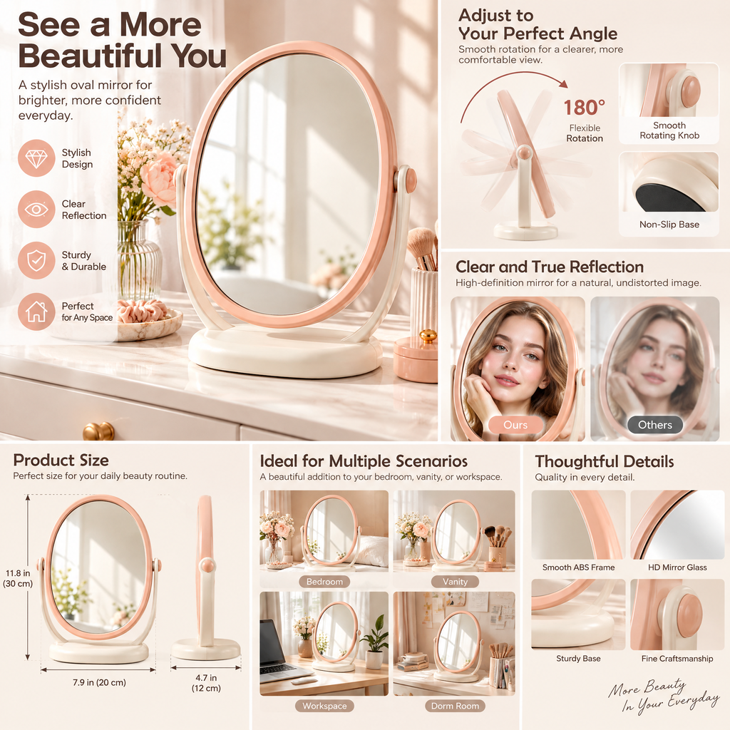xeqvynur Peach Oval Tabletop Mirror — product overview