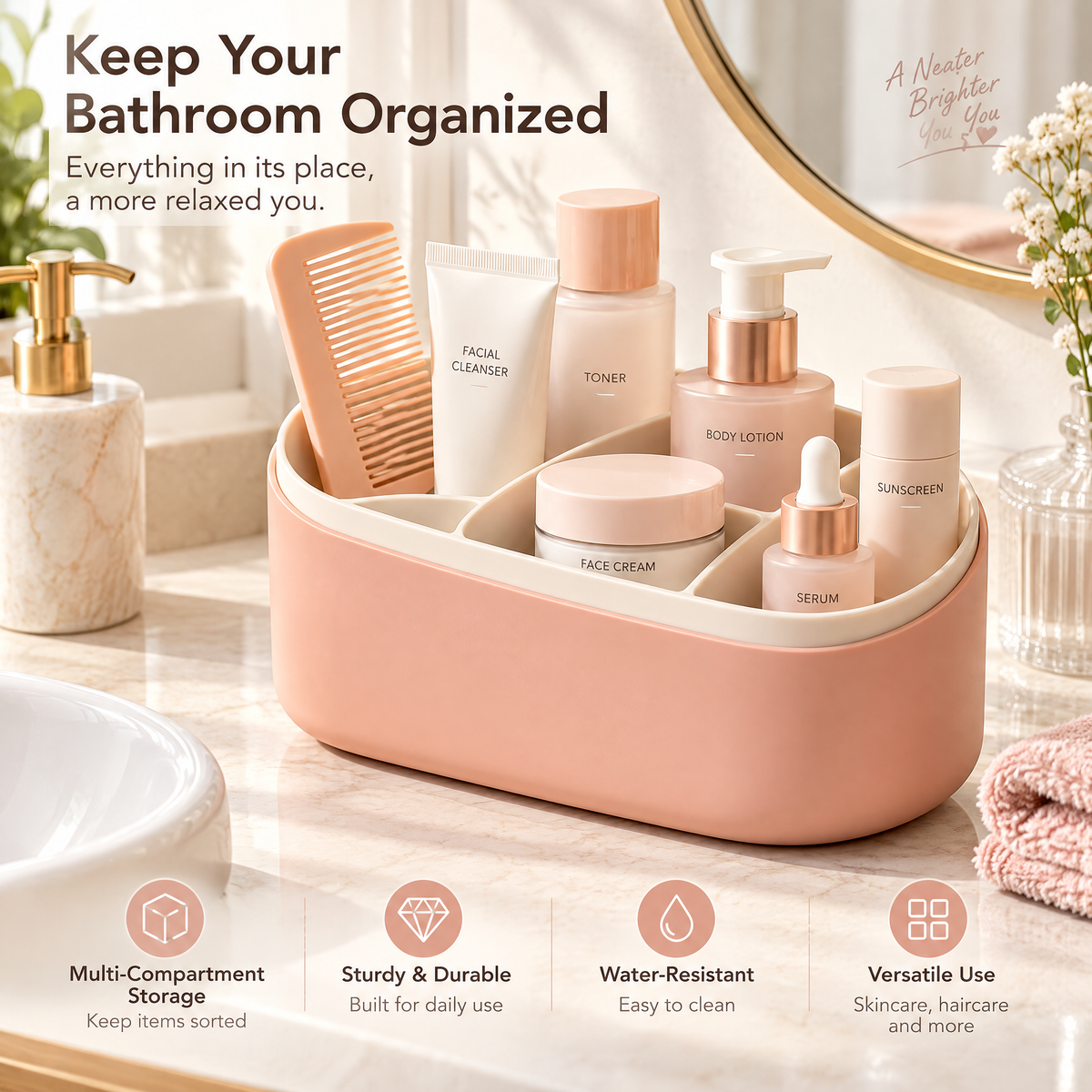 xeqvynur Peach Divided Vanity Organizer — in-use view