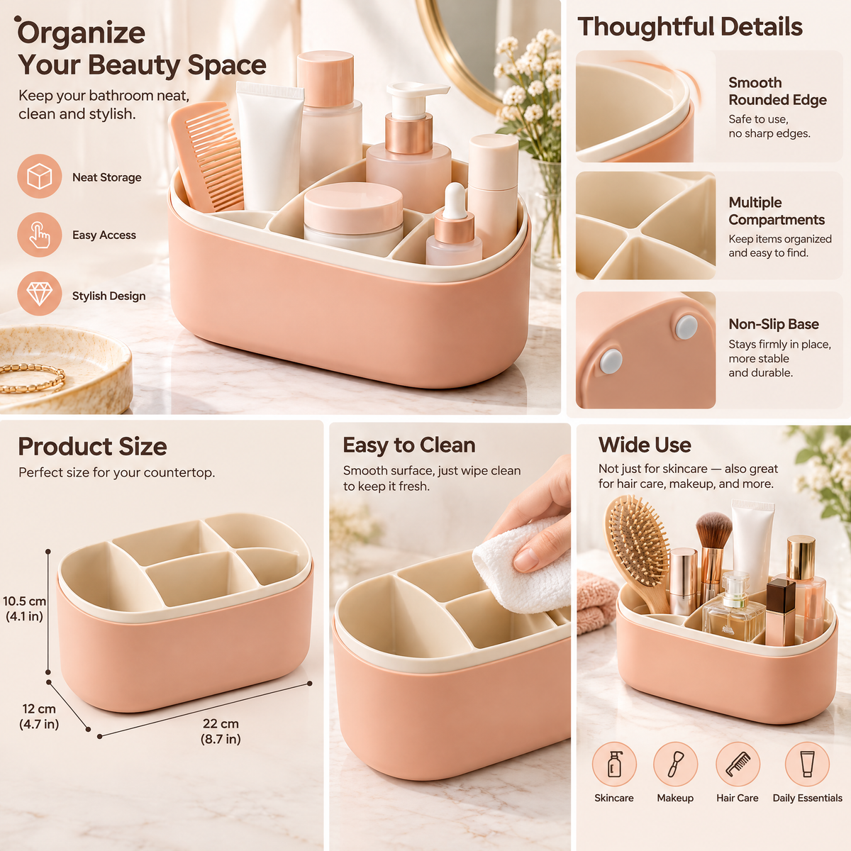 xeqvynur Peach Divided Vanity Organizer — feature details