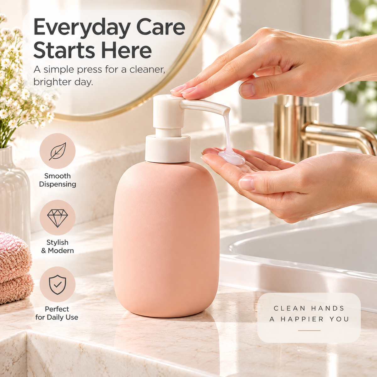 xeqvynur Peach Soap Dispenser — in-use view