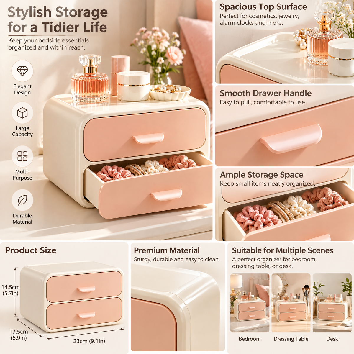 xeqvynur Peach 2-Drawer Countertop Organizer — feature details