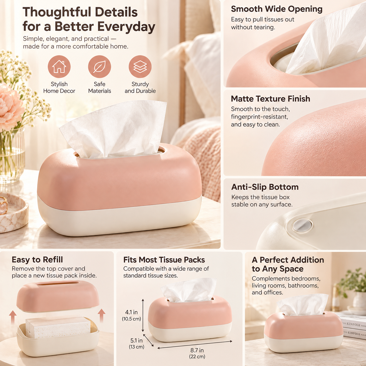 xeqvynur Peach & Ivory Tissue Box Cover — feature details