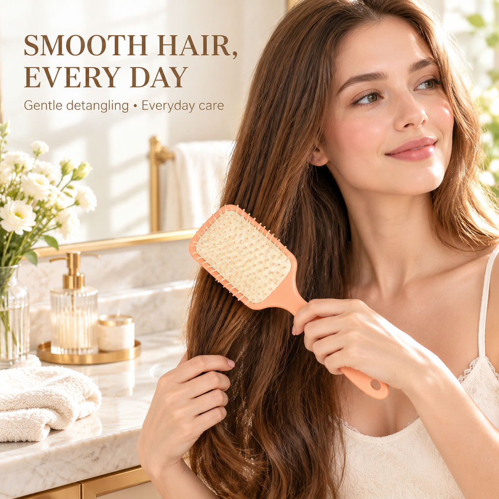 xeqvynur Peach Cushion Paddle Brush — in-use view