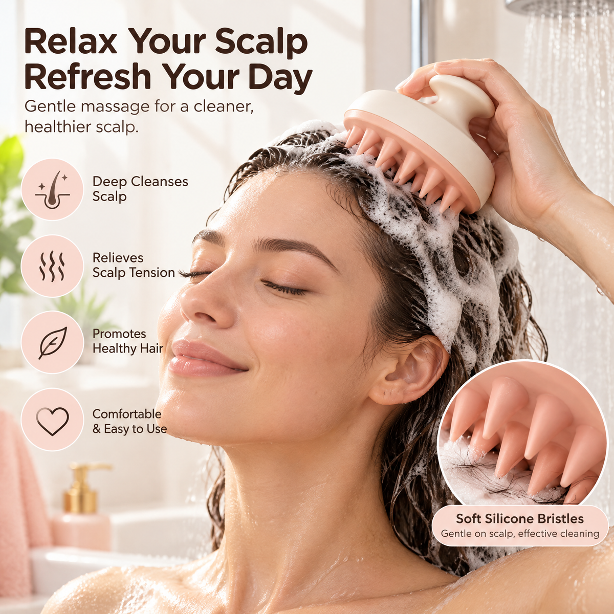 xeqvynur Peach Silicone Scalp Massager — in-use view