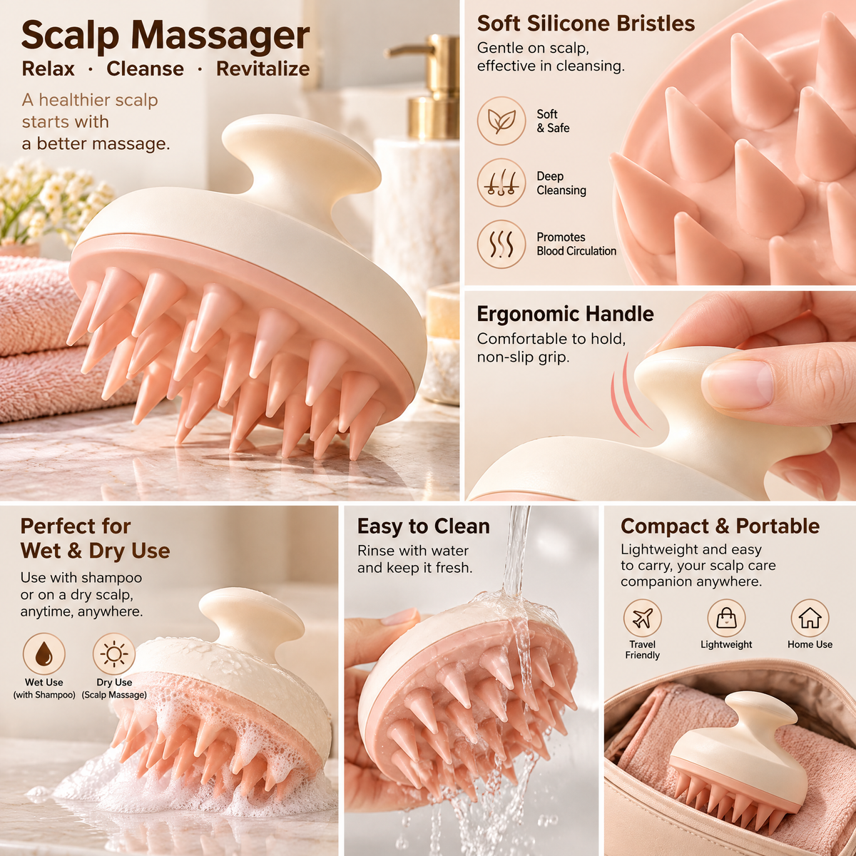 xeqvynur Peach Silicone Scalp Massager — feature details